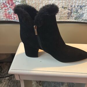 Marc Fisher black bootie with fur trim. Size 6.5, 2” heel.  Worn ONCE!